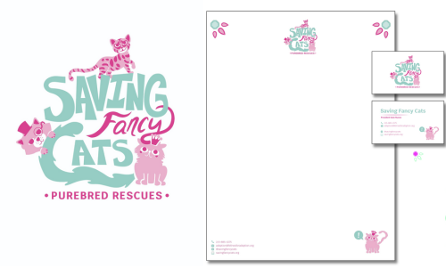Saving Fancy Cats purebred cat rescue logo with letterhead, business card, and stationery design mockup in pink and teal